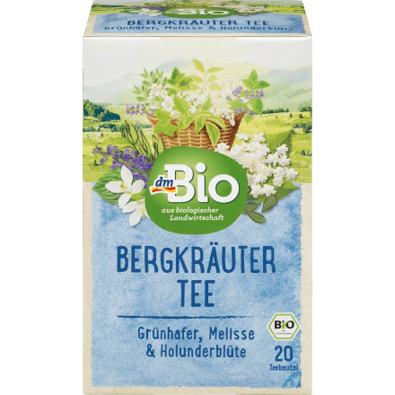 bio organic mountain herbs tea 20 tea bags in blue packaging