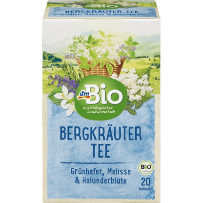 bio organic mountain herbs tea 20 tea bags in blue packaging