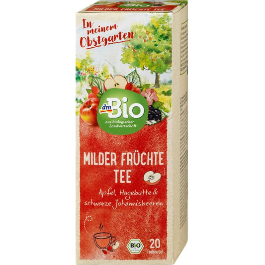 bio organic fruit tea mild fruits front packaging in red, 20 tea bags