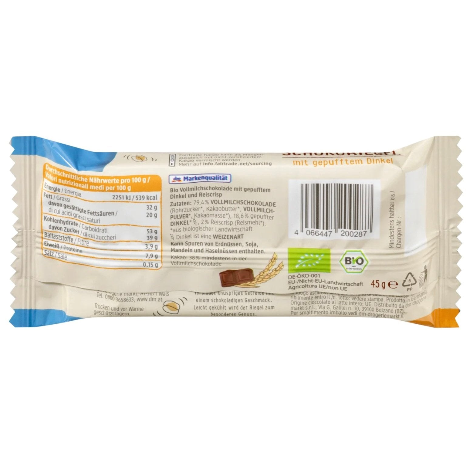 bio organic chocolate bar back packaging
