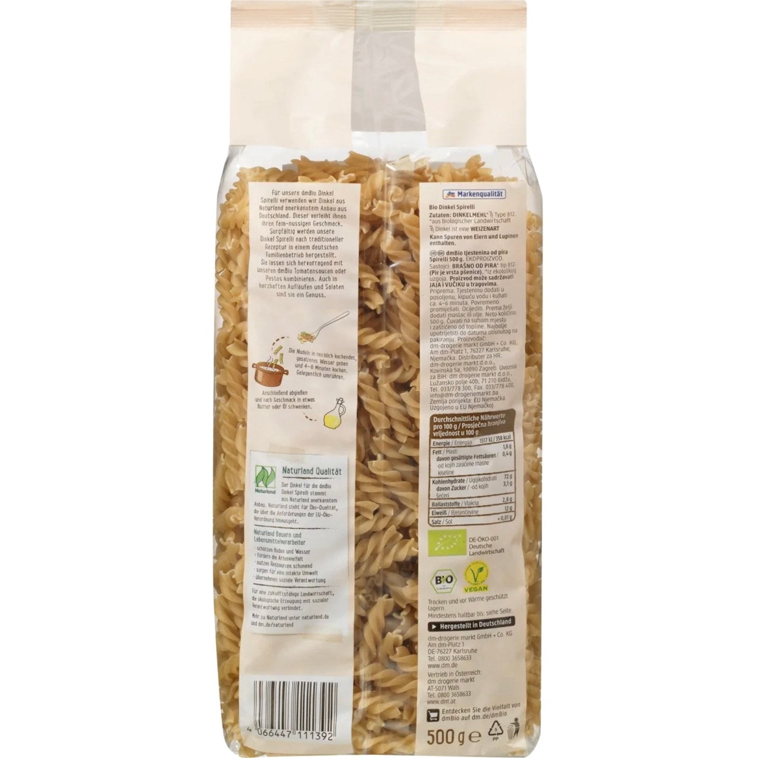bio organic spelt spirelli back packaging 500g