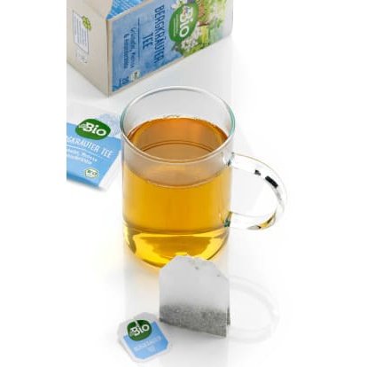 bio organic tea bag and cup of tea