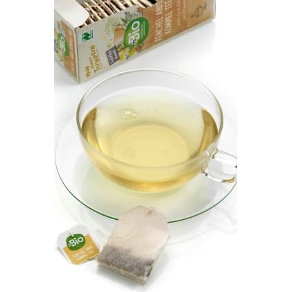 bio organic tea fennel anise caraway tea bag and cup of tea