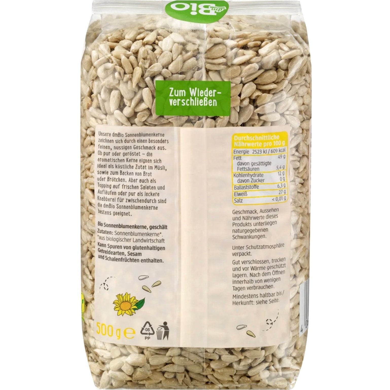 Bio organic sunflower seeds 500 g in packaging back side 