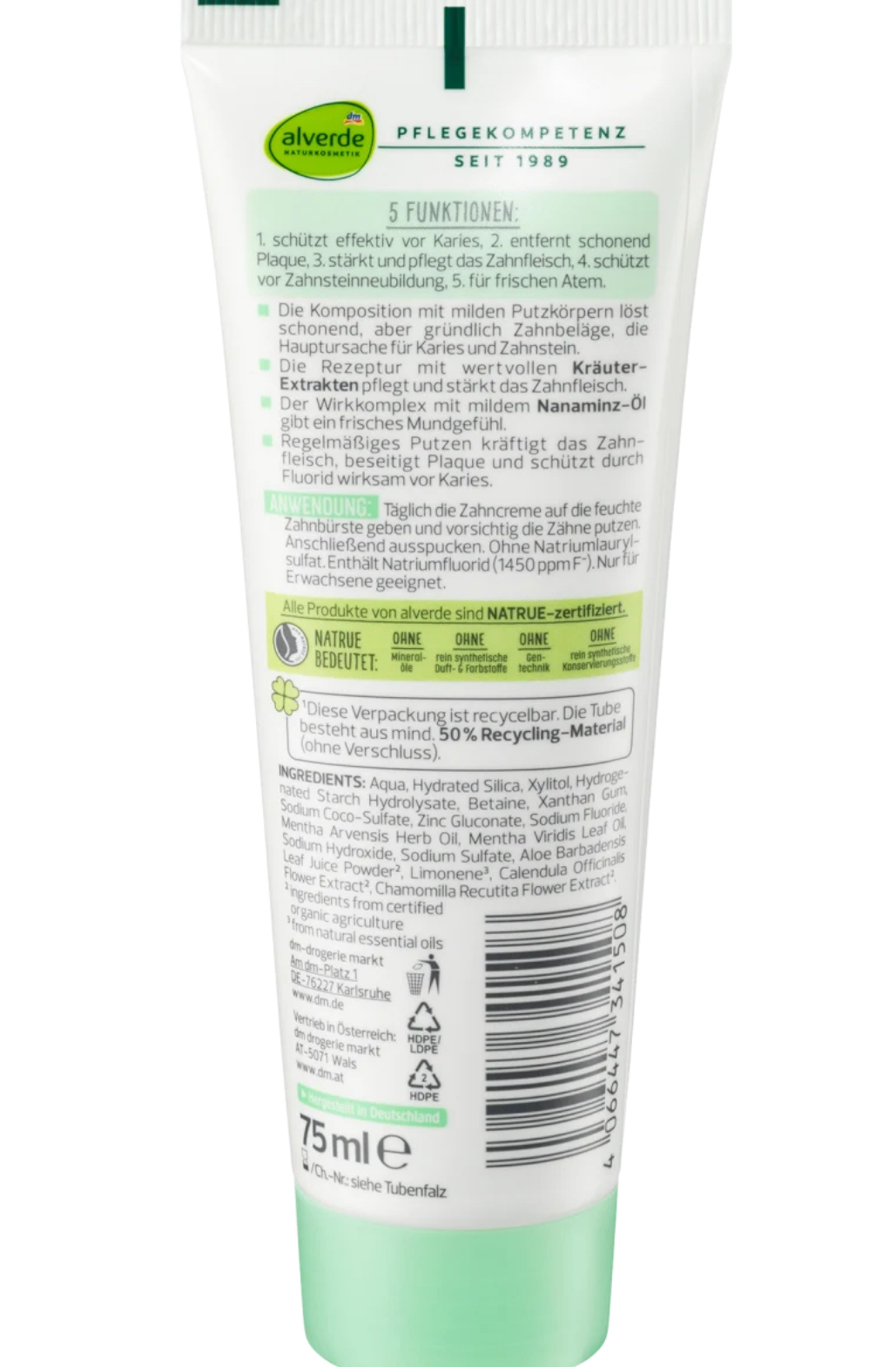 alverde NATURAL COSMETICS toothpaste 5in1 nana mint, 75 ml