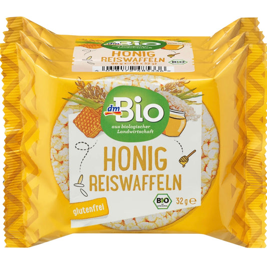 dmBio whole grain rice cakes with honey gluten free 90 g front packaging yellow