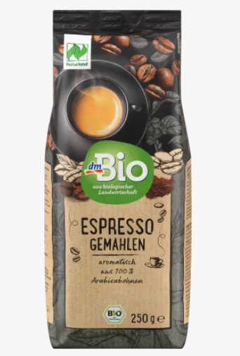 dmBio Organic Coffee, Espresso, Ground, 250 g front