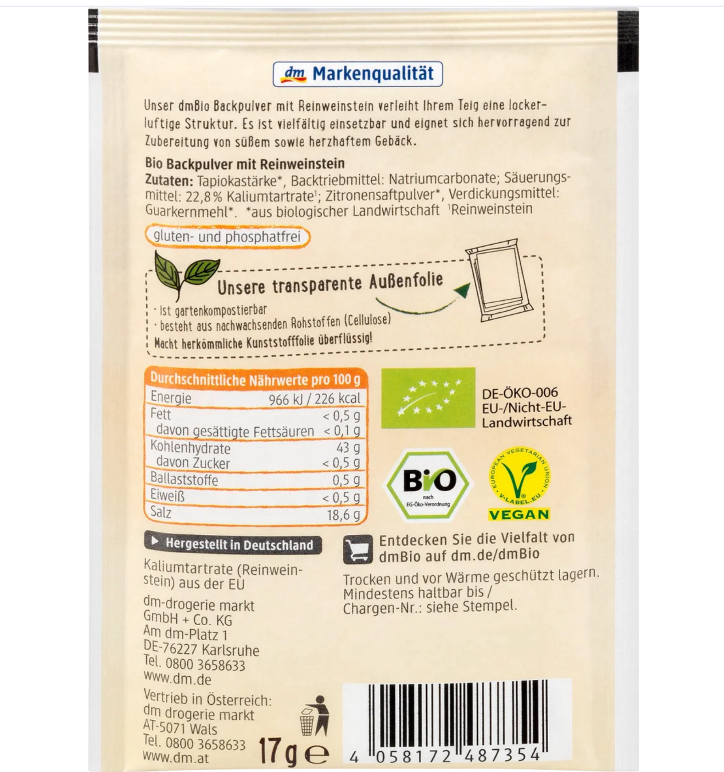 dmBio Organic Baking Powder, phosphate free, (4x17 g), 68 g