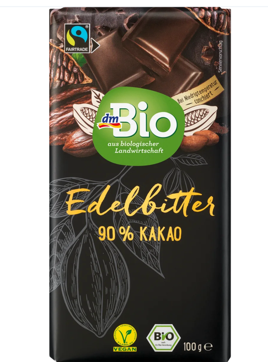 dmBio Organic Chocolate, Bittersweet 90% Cocoa, 100 g