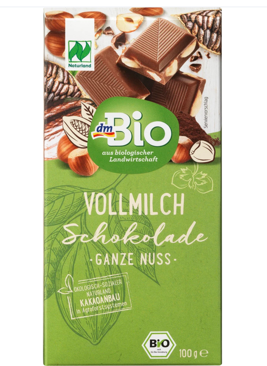 dmBio Organic Whole Milk Chocolate, Whole Hazelnut 20%, 100 g