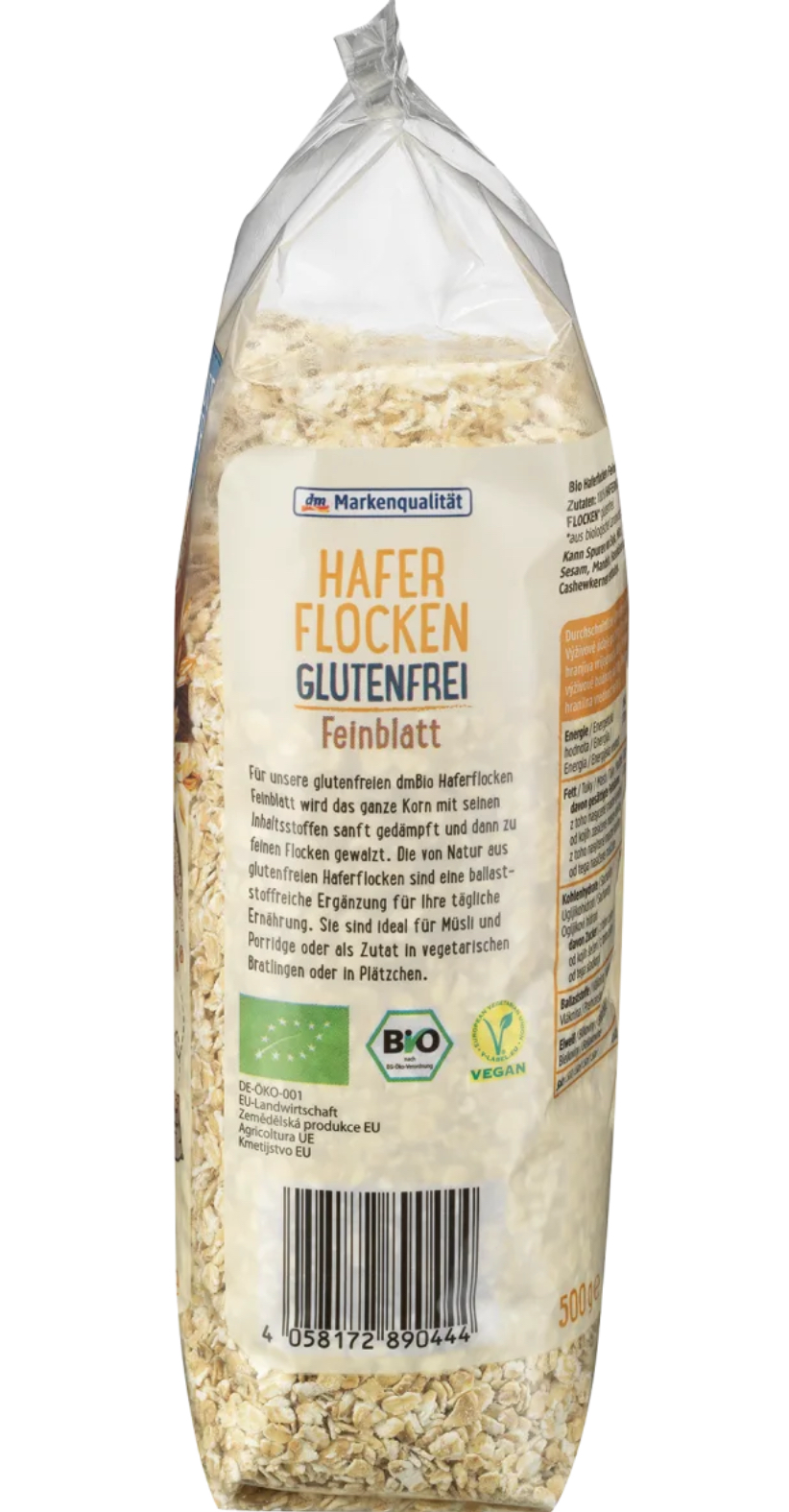 dmBio gluten free oats Bio organic certified rolled oats left side
